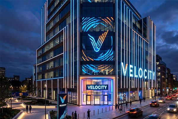 A building facade with lighting that reflects its brand identity